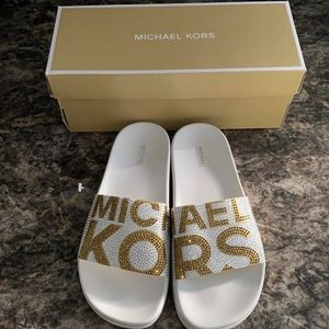 Michael Kors White&Gold Rhinestone Gilmore Slides